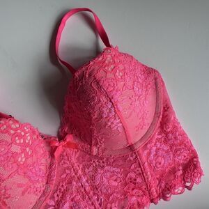 Victoria’s Secret Longline Bra Women’s Size‎ 34C Corset Neon Pink Lace NWT